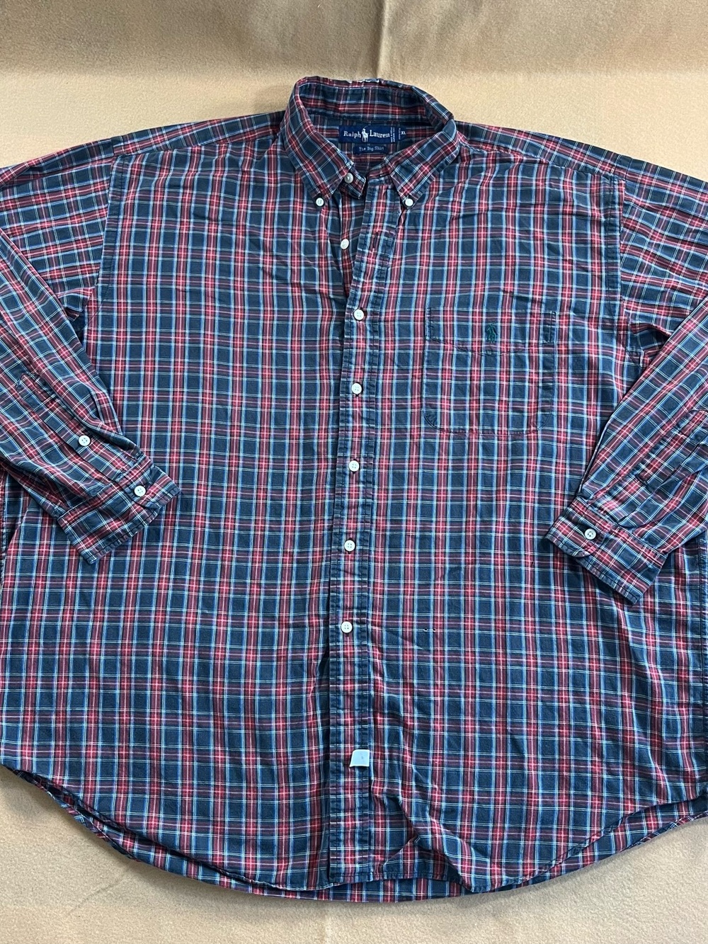 Ralph Lauren The Big Shirt Mens XL Plaid Button Down Long Sleeve Red Blue FLAWS*